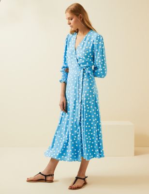 M&S X GHOST Maxi Wrap Dress Blue White Polka Dot Party Size 6 NWT