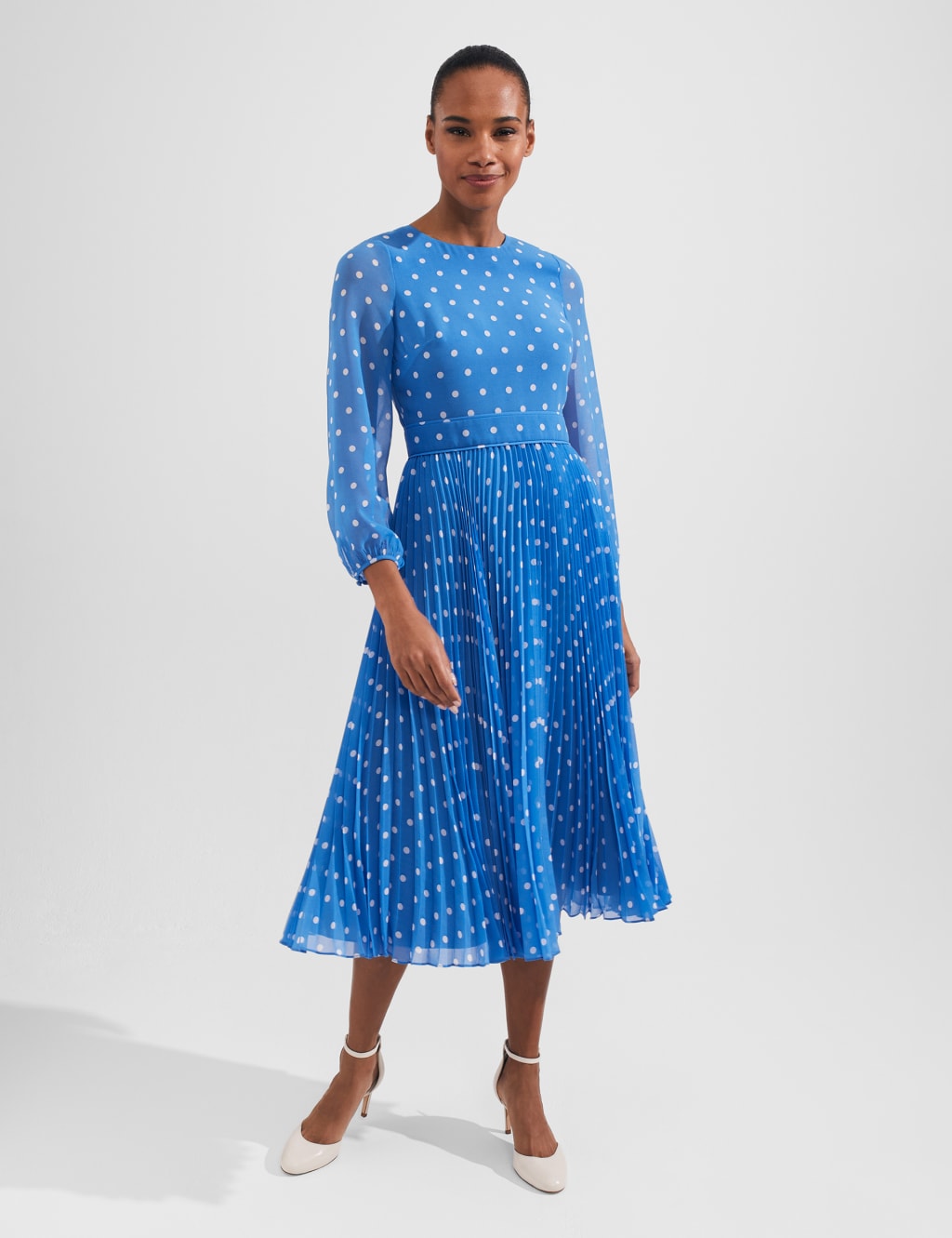 Polka Dot Pleated Midi Swing Dress HOBBS M S