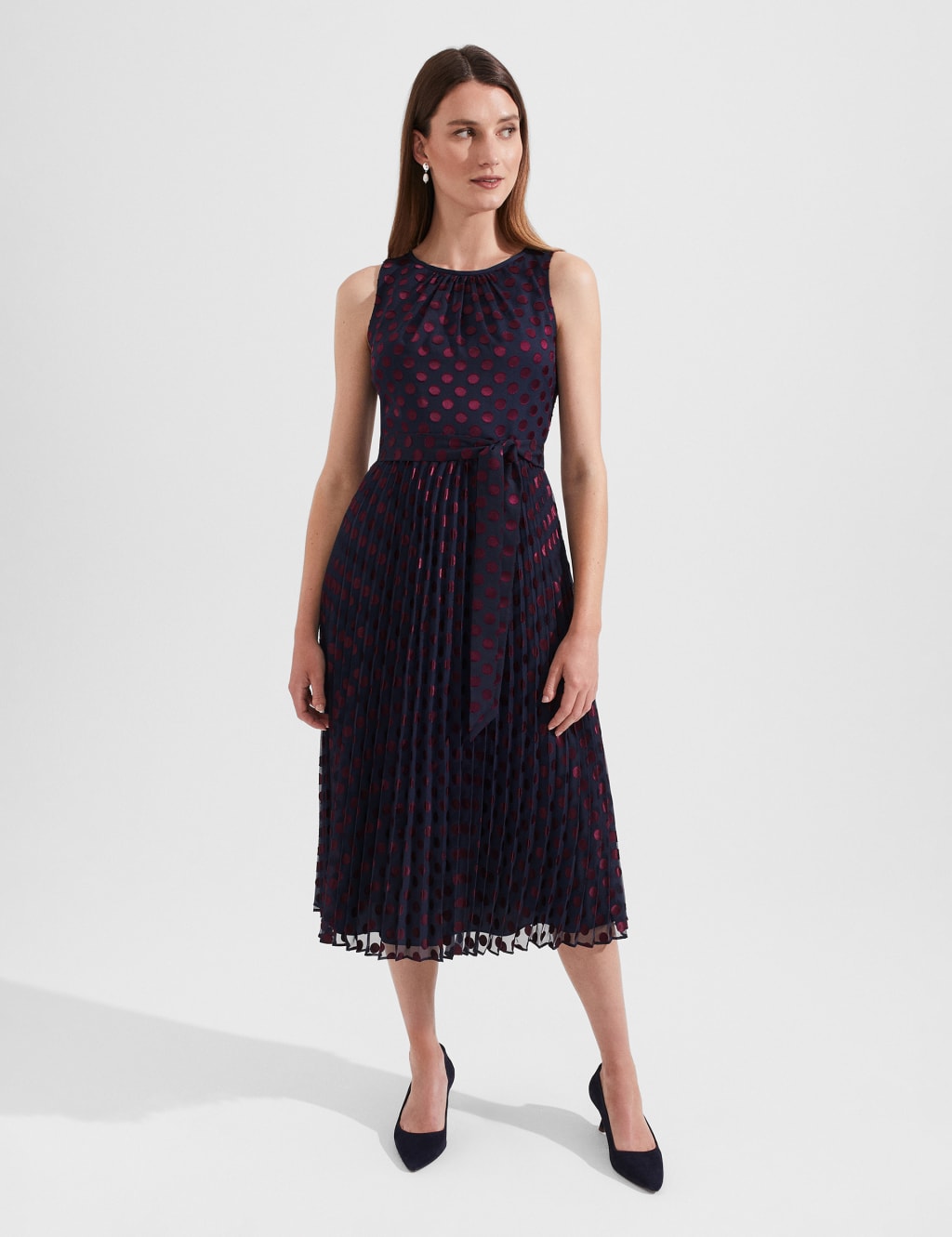 Polka Dot Pleated Midi Waisted Dress HOBBS M S