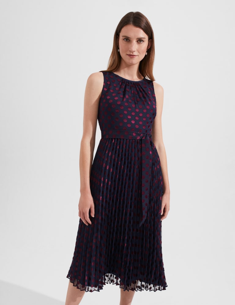 Polka Dot Pleated Midi Waisted Dress HOBBS M S