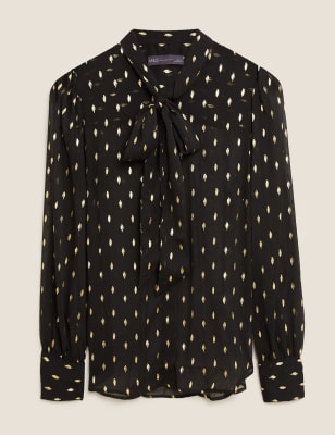 black and white polka dot blouse with bow