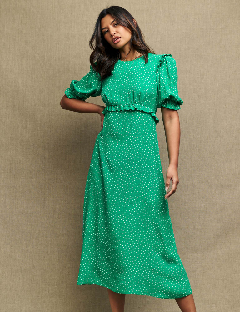 Polka Dot Round Neck Midi Waisted Dress | Nobody's Child | Mu0026S