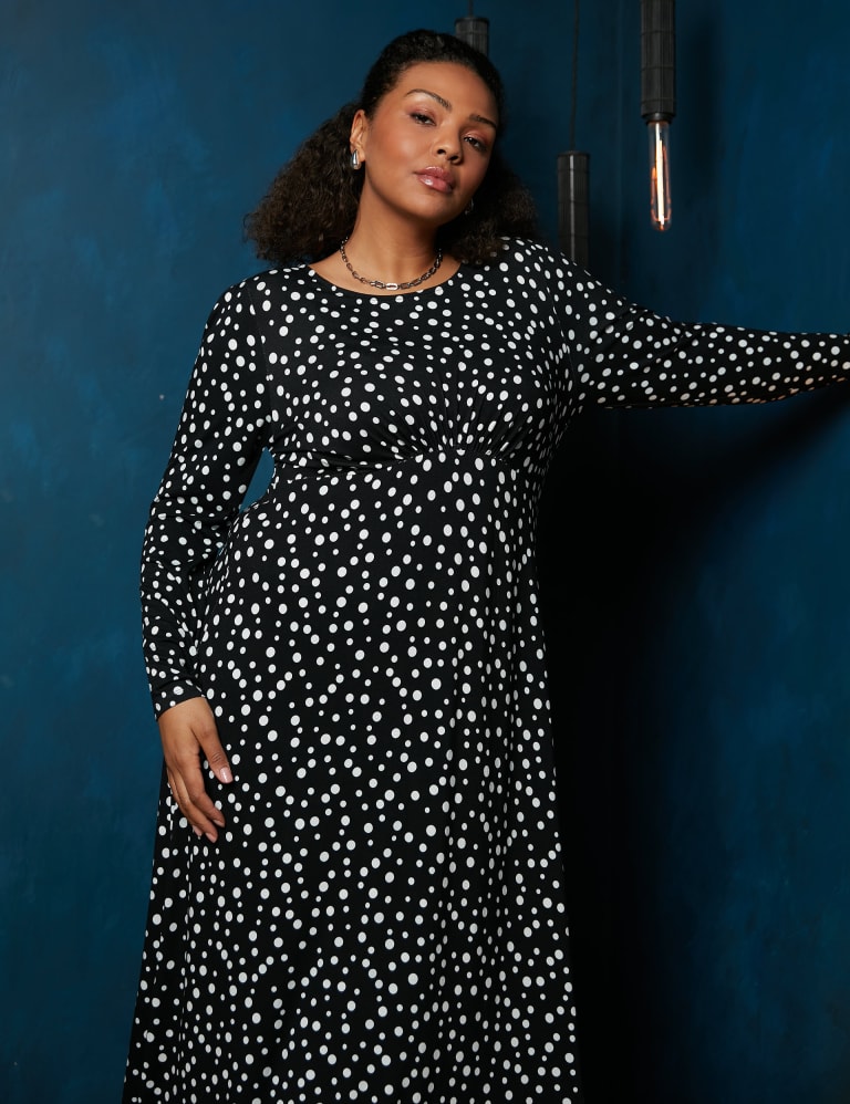 Polka Dot Round Neck Midi Waisted Dress Live Unlimited London M S