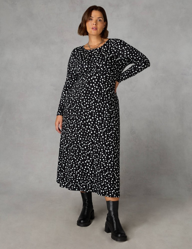 Black Polka Dot Crew neck Unlined Modest Dress