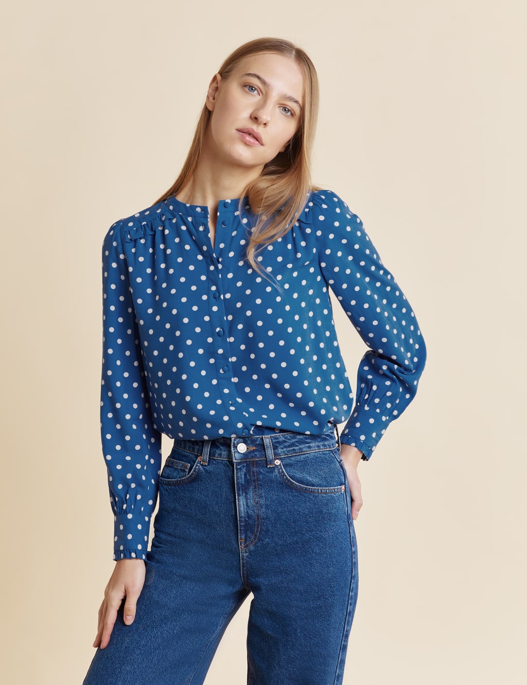Polka Dot Round Neck Ruffle Blouse 1 of 4