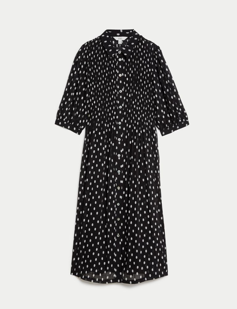 Polka Dot Shirred Midi Shirt Dress 2 of 5