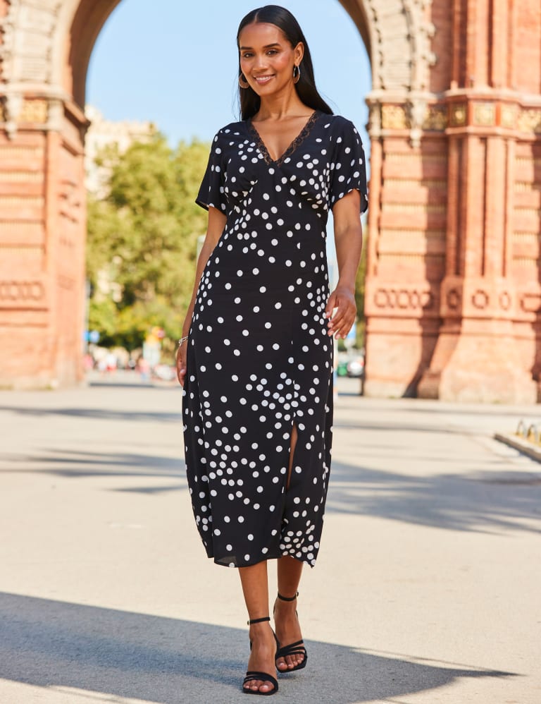 Polka Dot V-Neck Lace Insert Midi Tea Dress 5 of 5