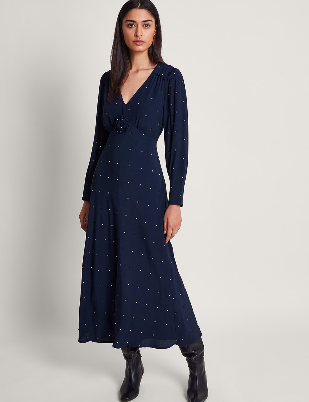 Polka Dot V-Neck Maxi Waisted Dress 3 of 5