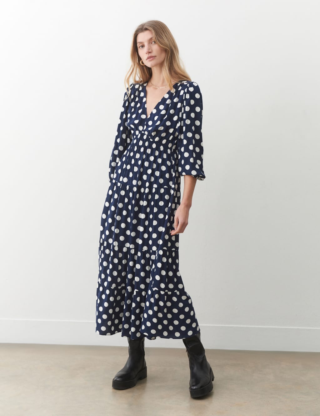 Polka Dot V-Neck Midaxi Tiered Dress 3 of 4