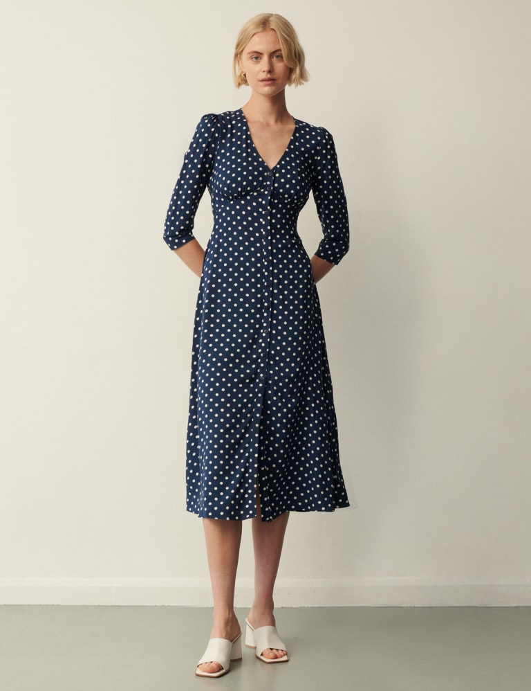 Polka Dot V Neck Midi Waisted Dress
