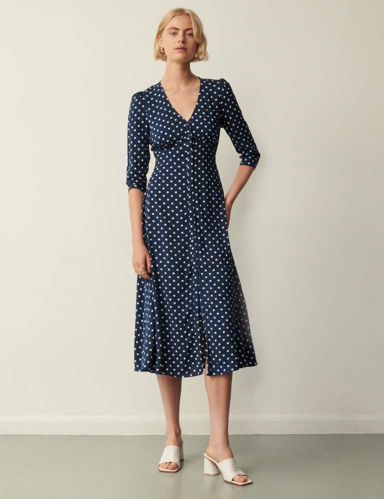 Polka Dot V-Neck Midi Waisted Dress 2 of 4