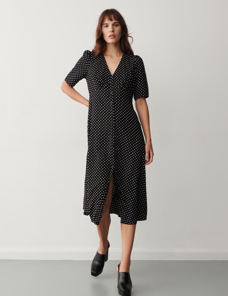 Polka Dot V-Neck Puff Sleeve Midi Tea Dress 1 of 4