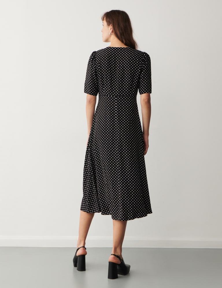 Polka Dot V-Neck Puff Sleeve Midi Tea Dress 3 of 4