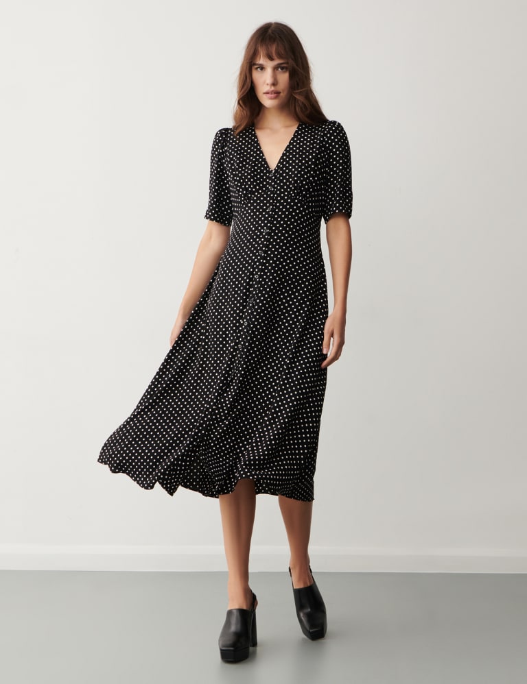 Polka Dot V-Neck Puff Sleeve Midi Tea Dress 4 of 4