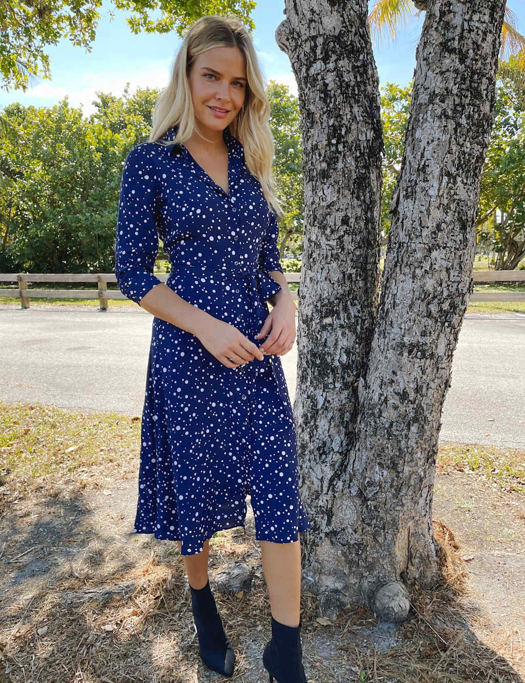 Polka Dot V-Neck Tie Front Shirt Dress 1 of 4