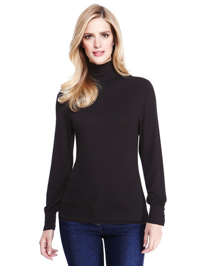 Marks & Spencer Womens Long Sleeve Roll Polo Neck  Button Keyhole Detail M&S Top