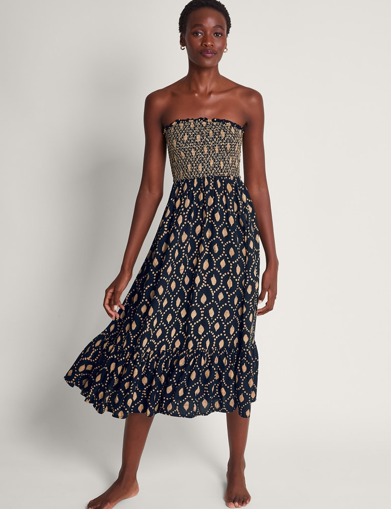 Printed Bandeau Shirred Midi Tiered Dress 1 of 5