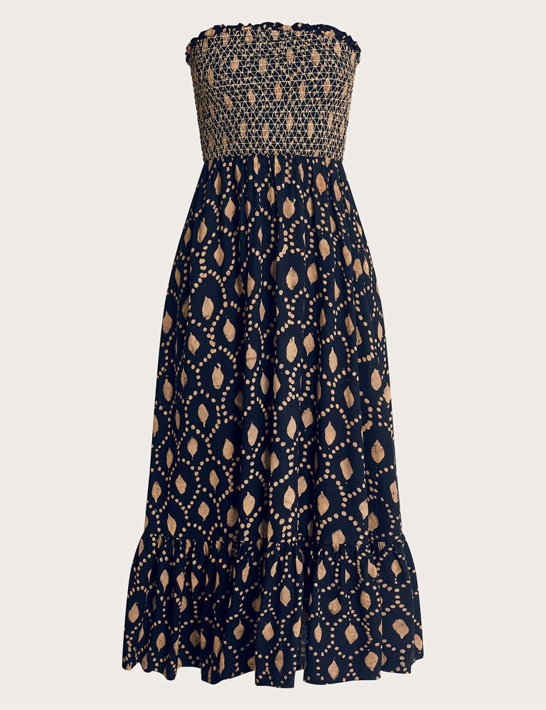 Printed Bandeau Shirred Midi Tiered Dress
