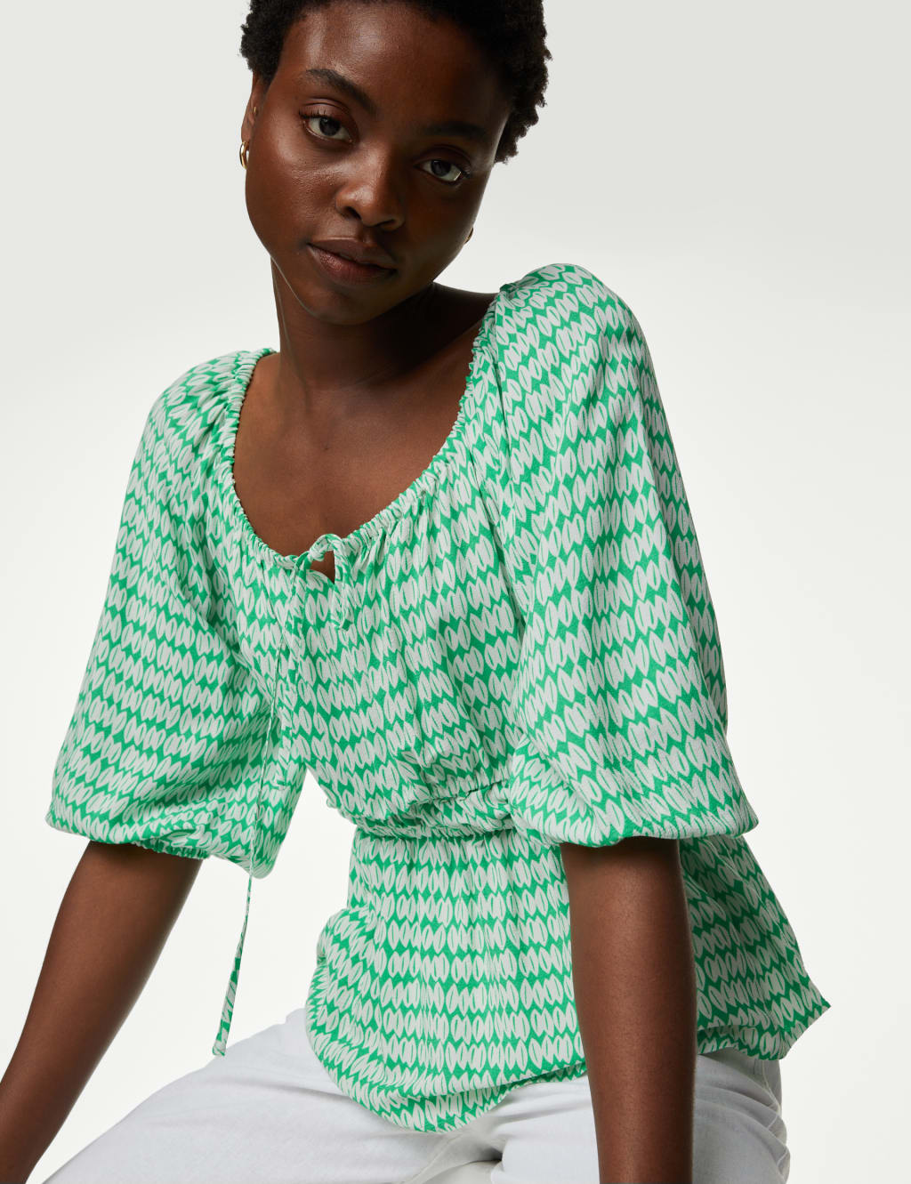 Printed Blouson Sleeve Peplum Top M S Collection M S