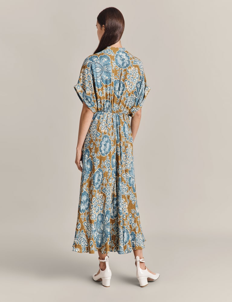 Printed High Neck Belted Midi Waisted Dress