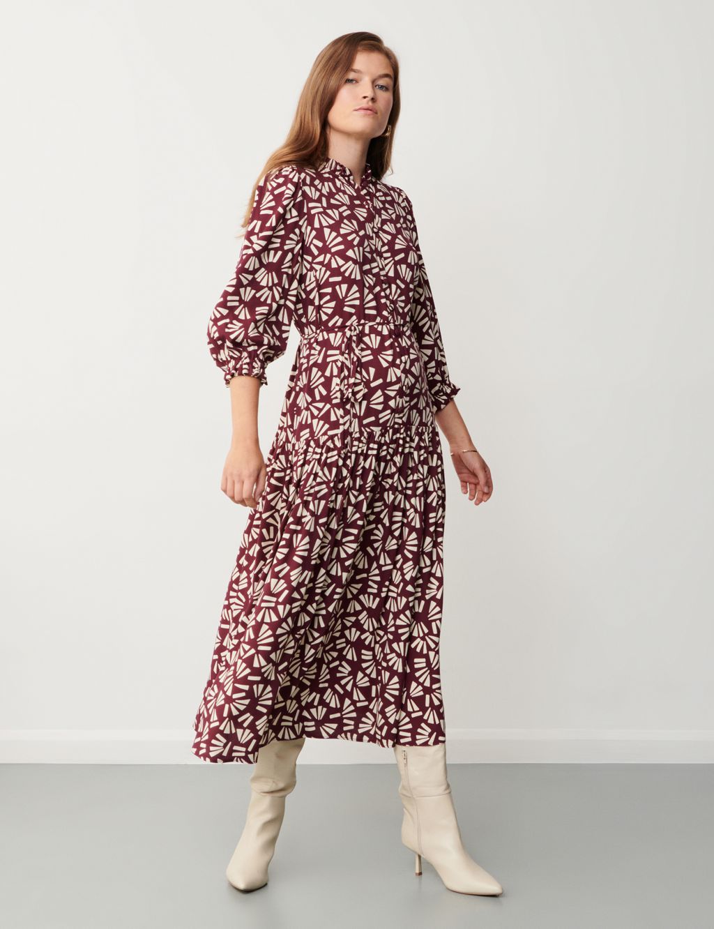 Love & Roses Black and White Spot Curve 3/4 Sleeve Printed Pleated Belted  Midi Dress