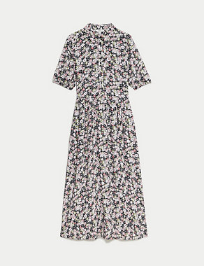 Printed Collared Puff Sleeve Midi Shirt Dress Image 2 of 4