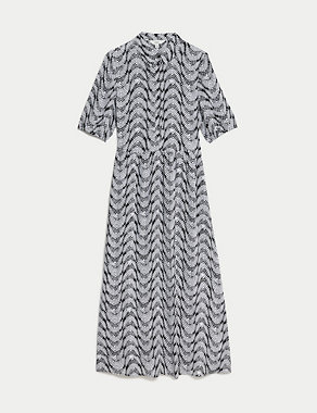 Printed Collared Puff Sleeve Midi Shirt Dress Image 2 of 4