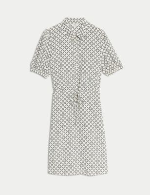 Printed Collared Tie Waist Mini Shirt Dress Image 2 of 4