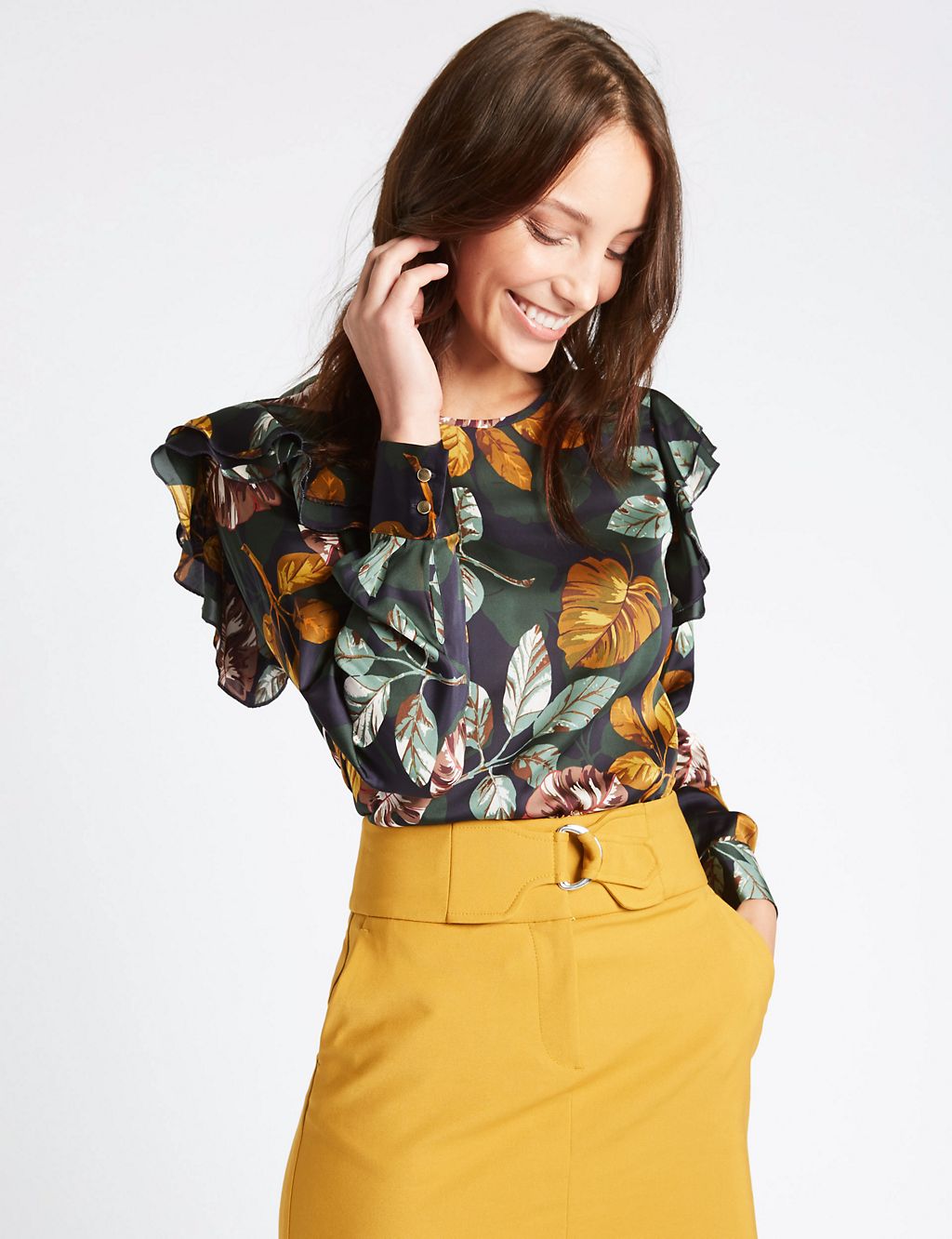 Printed Frill Shoulder Long Sleeve Shell Top 3 of 5