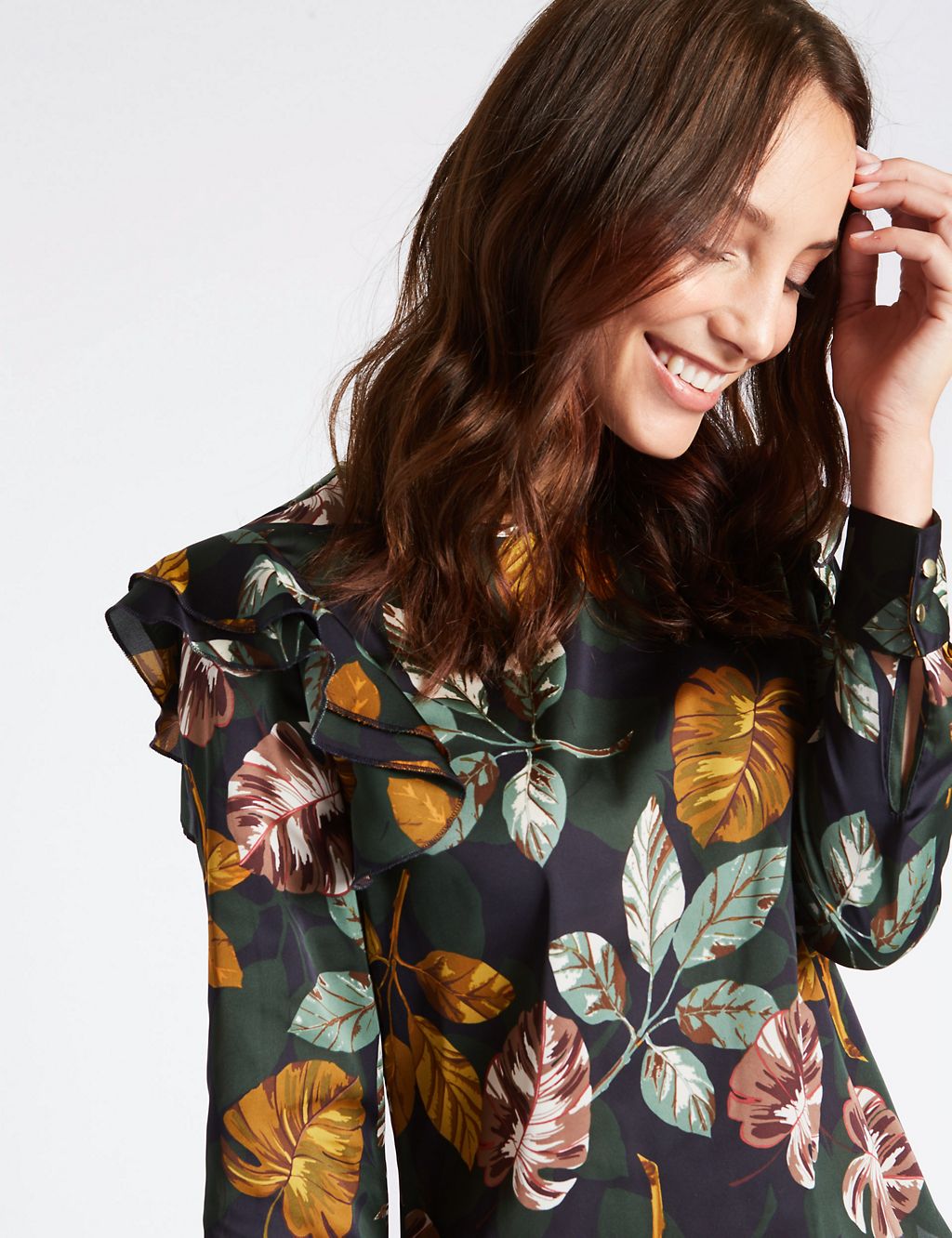 Printed Frill Shoulder Long Sleeve Shell Top 5 of 5