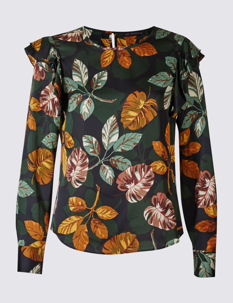 Printed Frill Shoulder Long Sleeve Shell Top 2 of 5