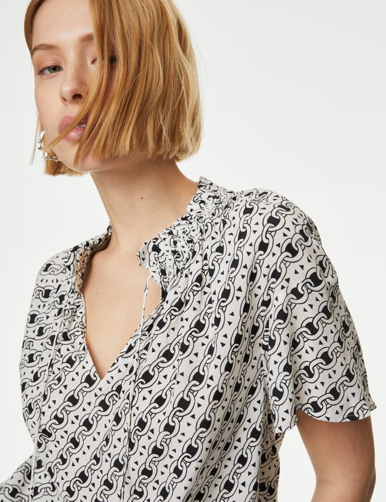 Printed Gathered Tie Neck Blouse 3 of 6