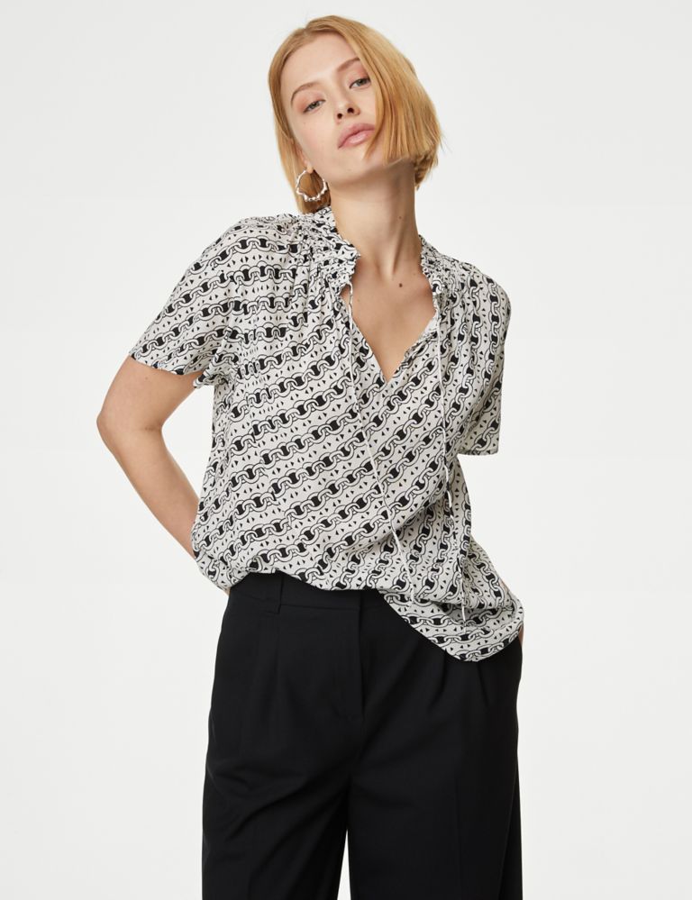 Printed Gathered Tie Neck Blouse 4 of 6