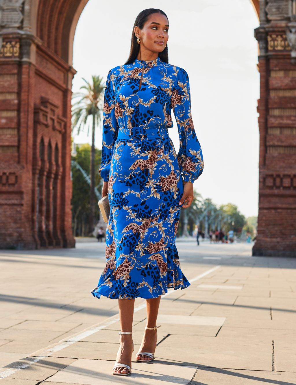 Printed High Neck Belted Midi Waisted Dress 3 of 5
