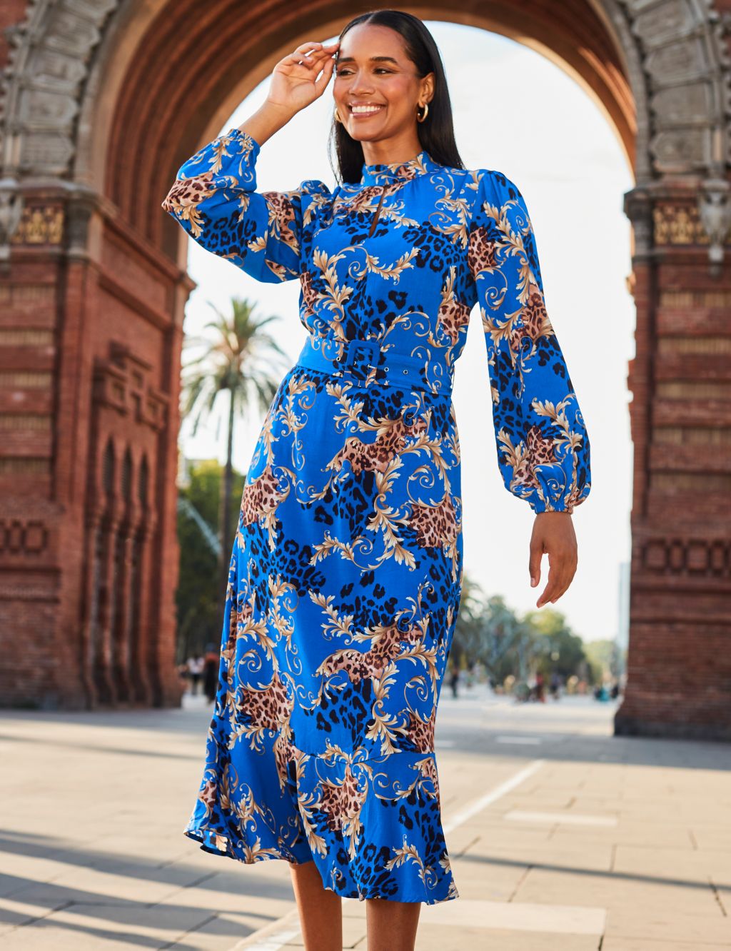 Printed High Neck Belted Midi Waisted Dress 2 of 5