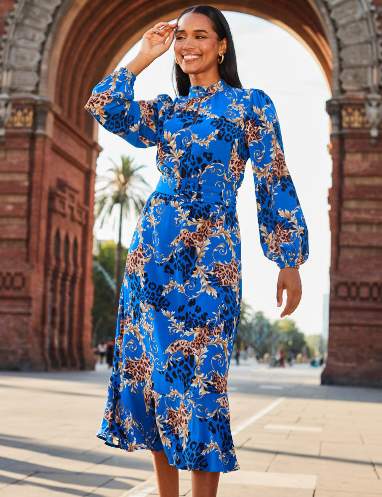 Printed High Neck Belted Midi Waisted Dress 3 of 5