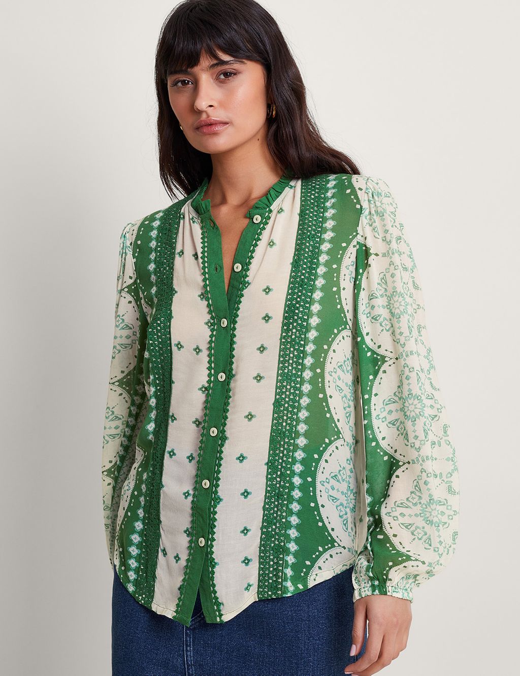 Printed Lace Detail Blouson Sleeve Blouse 3 of 5