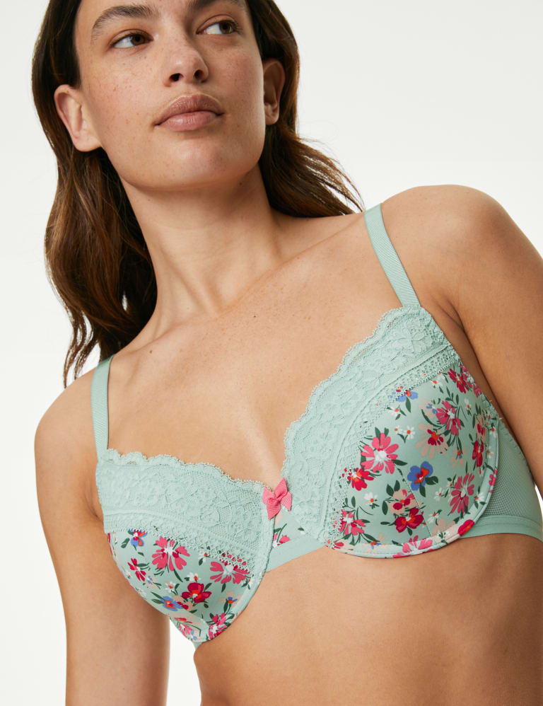 Printed Lace Trim Wired Full Cup Bra A-E