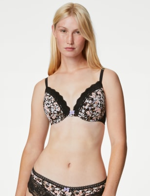 Printed Lace Trim Wired Plunge Bra M&S Collection