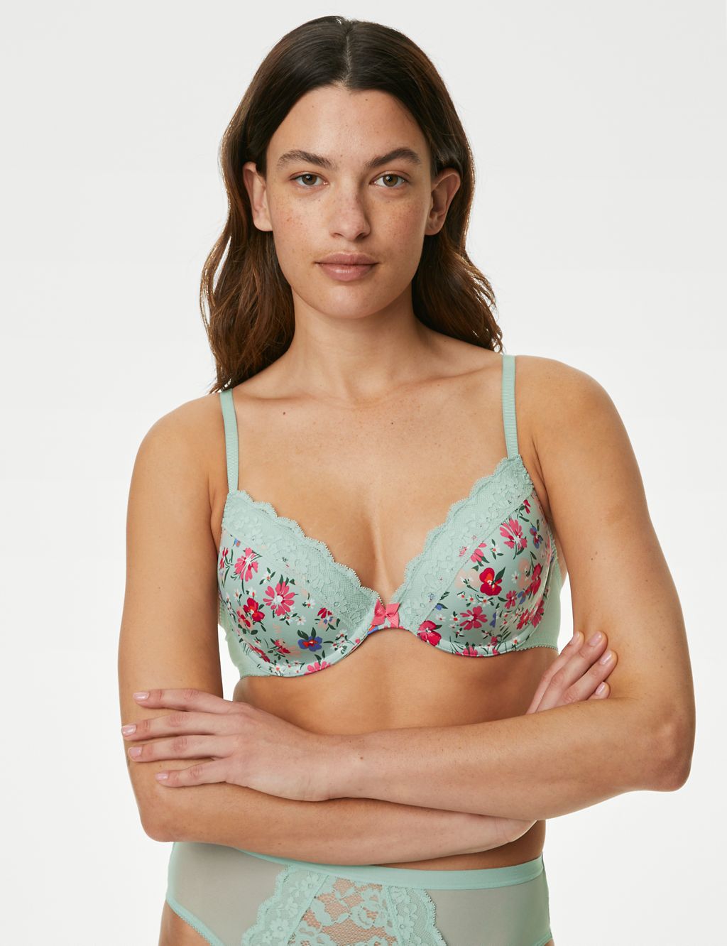 Printed Lace Trim Wired Plunge Bra A-E 3 of 7