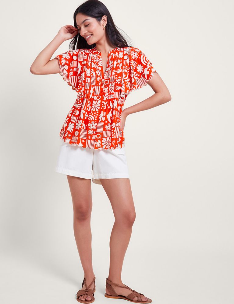 Printed Pleated Notch Neck Top 2 of 4