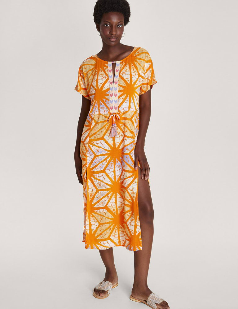 Printed Round Neck Keyhole Midi Smock Dress 1 of 5