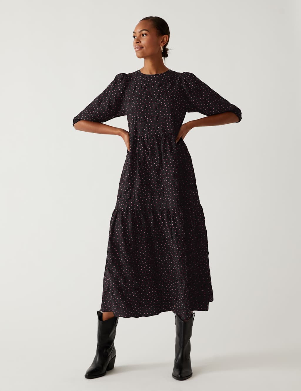 Printed Round Neck Midi Tiered Dress 1 of 6