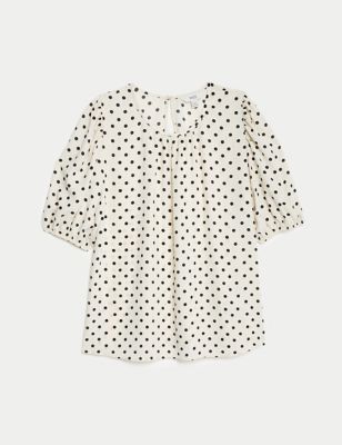 Printed Round Neck Puff Sleeve Blouse Image 2 of 5
