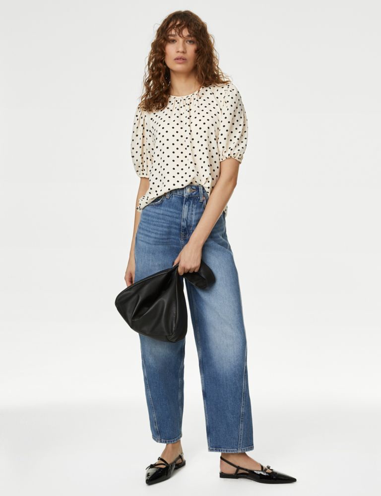 Printed Round Neck Puff Sleeve Blouse 3 of 5