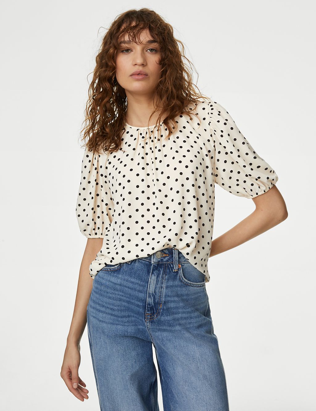 Printed Round Neck Puff Sleeve Blouse 4 of 5
