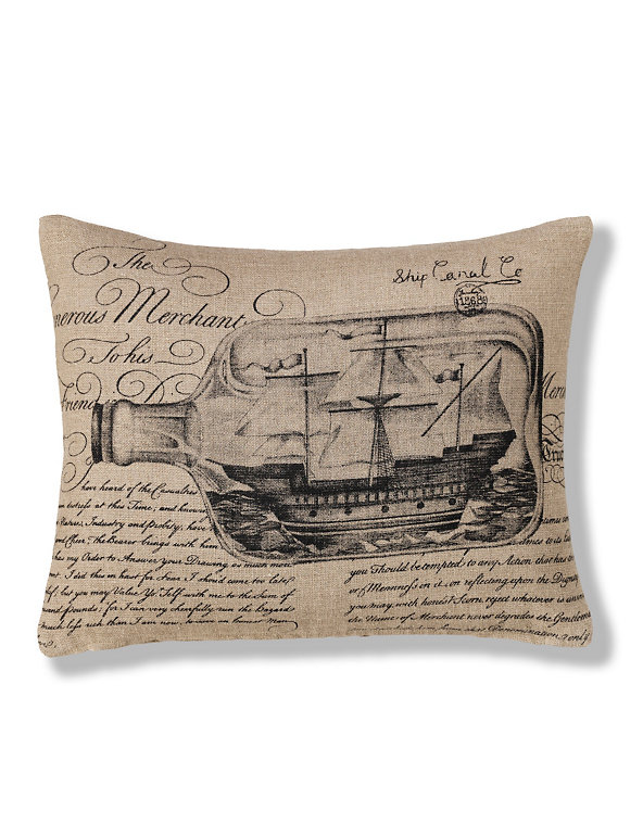 Printed Ship in a Bottle Linen Cushion Image 1 of 2