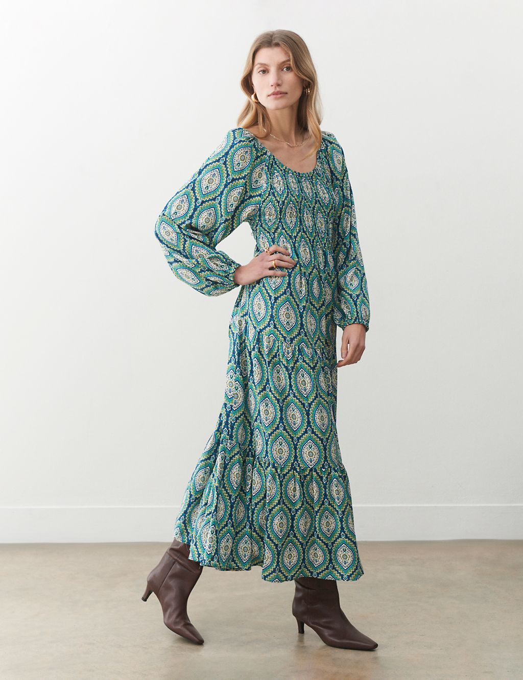 Printed Shirred Maxi Tiered Dress 2 of 4