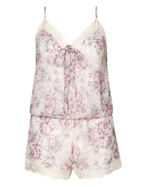 Printed Silk Chiffon Teddy with French Designed Rose Lace Image 2 of 3