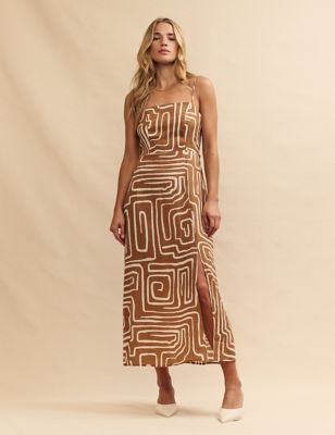 Printed Square Neck Midi Dress With Linen Image 2 of 6